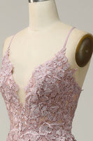 Laden Sie das Bild in den Galerie-Viewer, A Linie Spaghettiträger Blush Langes Ballkleid mit Applikationen