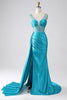 Laden Sie das Bild in den Galerie-Viewer, Türkis Meerjungfrauen Kleid mit V-Ausschnitt und Schleppe