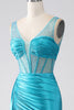 Laden Sie das Bild in den Galerie-Viewer, Türkis Meerjungfrauen Kleid mit V-Ausschnitt und Schleppe