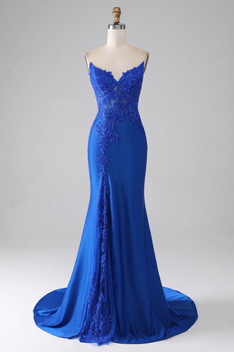 Langes Königsblaues Meerjungfrauen Kleid mit Perlen und Applikationen