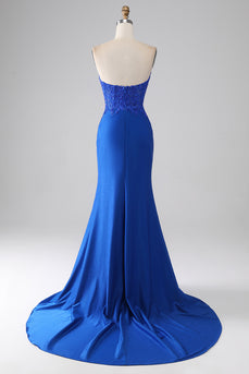 Langes Königsblaues Meerjungfrauen Kleid mit Perlen und Applikationen