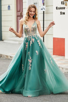 Laden Sie das Bild in den Galerie-Viewer, Glitzer Grünes Spaghettiträger Kleid in A-Linie Langes Ballkleid mit Pailletten applikationen