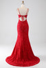 Laden Sie das Bild in den Galerie-Viewer, Rotes Meerjungfrauen Spaghettiträger Perlen Spitze Applikation Ballkleid mit Schlitz