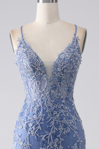 Graublaues Meerjungfrauen Spaghettiträger Kleid mit perlenbesetztem Rücken und Applikationen