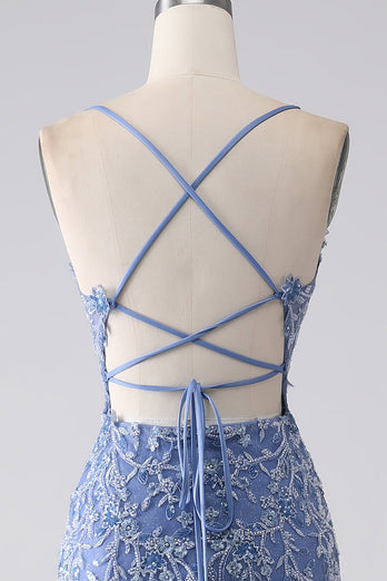 Graublaues Meerjungfrauen Spaghettiträger Kleid mit perlenbesetztem Rücken und Applikationen