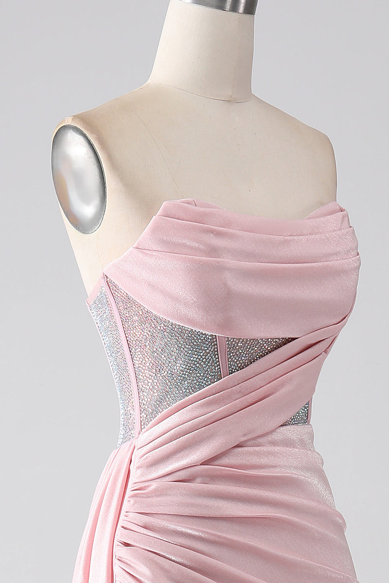 Laden Sie das Bild in den Galerie-Viewer, Rosa Meerjungfrau trägerloses perlenbesetztes langes Ballkleid mit Schlitz