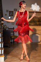 Laden Sie das Bild in den Galerie-Viewer, Rotes Fransen Roaring 20s Paillettenkleid