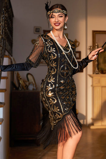 Schwarzes goldenes Flapper-Kleid mit V-Ausschnitt und Pailletten fransen