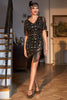 Laden Sie das Bild in den Galerie-Viewer, Schwarzes goldenes Flapper-Kleid mit V-Ausschnitt und Pailletten fransen
