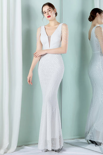 Weißes Meerjungfrauen Abendkleid mit tiefem V-Ausschnitt