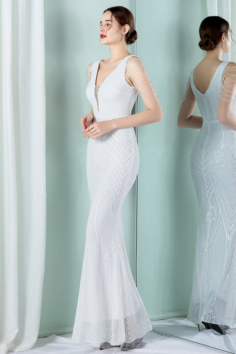 Laden Sie das Bild in den Galerie-Viewer, Weißes Meerjungfrauen Abendkleid mit tiefem V-Ausschnitt
