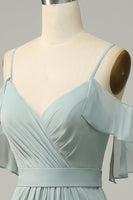 Laden Sie das Bild in den Galerie-Viewer, Dusty Sage Kalte Schulter A Linie Langes Brautjungfernkleid