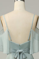 Laden Sie das Bild in den Galerie-Viewer, Dusty Sage Kalte Schulter A Linie Langes Brautjungfernkleid