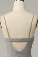 Laden Sie das Bild in den Galerie-Viewer, Silber A Linie Spaghettiträger langes Brautjungfernkleid mit Schlitz