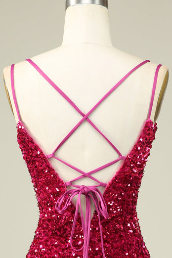 Fuchsia Spaghettiträger enges Abiballkleid