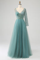 Laden Sie das Bild in den Galerie-Viewer, Graues grünes glitzerndes Pailletten Ballkleid mit Pailletten in A-Linie