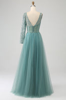 Laden Sie das Bild in den Galerie-Viewer, Graues grünes glitzerndes Pailletten Ballkleid mit Pailletten in A-Linie