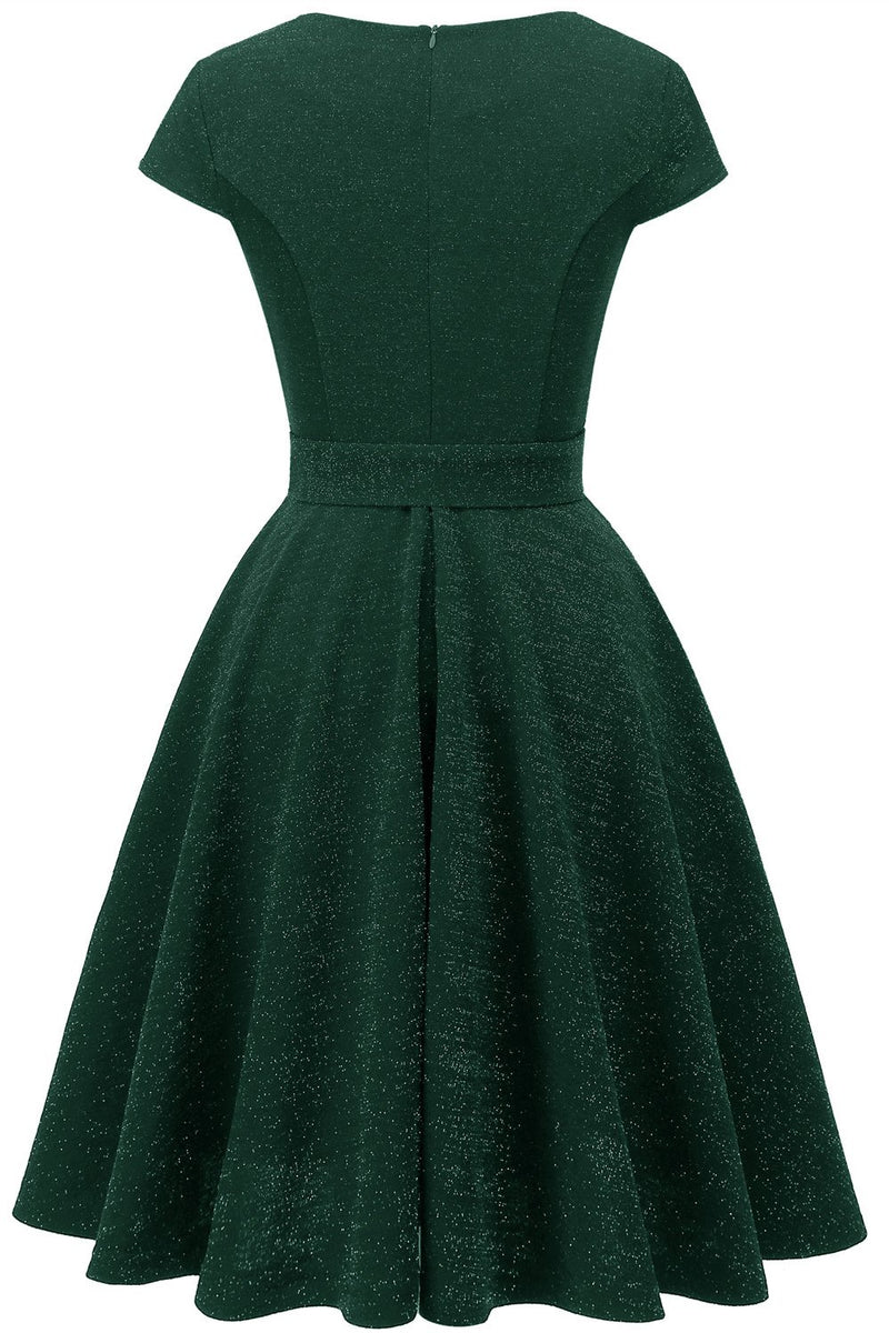 Laden Sie das Bild in den Galerie-Viewer, Dunkelgrünes Vintage 1950er Jahre Kleid mit Schärpe