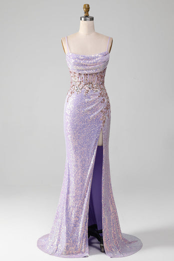 Lila glitzernde Spaghettiträger Mermaid Ballkleid mit Schlitz