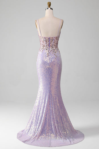 Lila glitzernde Spaghettiträger Mermaid Ballkleid mit Schlitz