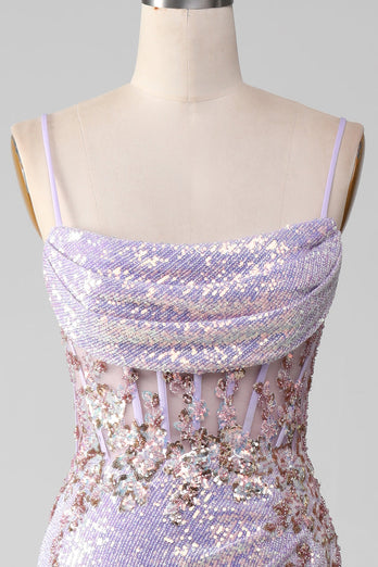 Lila glitzernde Spaghettiträger Mermaid Ballkleid mit Schlitz