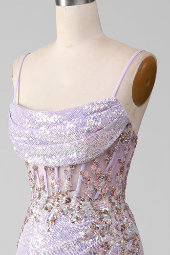 Lila glitzernde Spaghettiträger Mermaid Ballkleid mit Schlitz