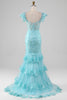 Laden Sie das Bild in den Galerie-Viewer, Himmelblaues schulterfreies Kleid aus Spitze und Pailletten Meerjungfrau mit Schlitz