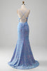 Laden Sie das Bild in den Galerie-Viewer, Funkelnde Pailletten Meerjungfrau Hellblaues Ballkleid mit Schlitz