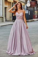 Laden Sie das Bild in den Galerie-Viewer, Glitzerndes Spaghettiträger Blush Ballkleid in A-Linie mit Perlen