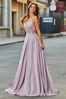 Laden Sie das Bild in den Galerie-Viewer, Glitzerndes Spaghettiträger Blush Ballkleid in A-Linie mit Perlen