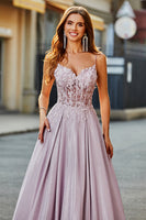 Laden Sie das Bild in den Galerie-Viewer, Glitzerndes Spaghettiträger Blush Ballkleid in A-Linie mit Perlen