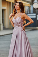 Laden Sie das Bild in den Galerie-Viewer, Glitzerndes Spaghettiträger Blush Ballkleid in A-Linie mit Perlen