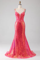 Laden Sie das Bild in den Galerie-Viewer, Funkelndes Mermaid Fuchsia Ballkleid mit Pailletten
