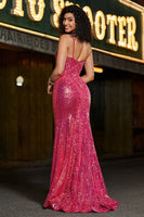 Laden Sie das Bild in den Galerie-Viewer, Meerjungfrau Spaghettiträger Fuchsia Pailletten Korsett Abendkleid