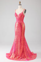 Laden Sie das Bild in den Galerie-Viewer, Funkelndes Mermaid Fuchsia Ballkleid mit Pailletten