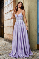 Laden Sie das Bild in den Galerie-Viewer, Flieder A-Linie Spaghettiträger langes Glitzer Ballkleid mit Perlen