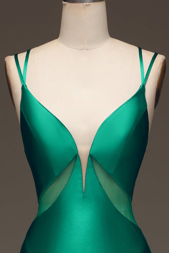 Grünes Meerjungfrauen Ballkleid aus Satin mit V-Ausschnitt und geschnürtem Rücken