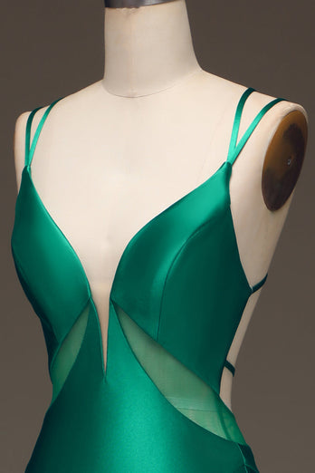 Grünes Meerjungfrauen Ballkleid aus Satin mit V-Ausschnitt und geschnürtem Rücken
