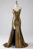 Laden Sie das Bild in den Galerie-Viewer, Funkelndes Mermaid Golden Metallic Langes Ballkleid mit Schlitz