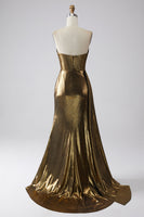 Laden Sie das Bild in den Galerie-Viewer, Funkelndes Mermaid Golden Metallic Langes Ballkleid mit Schlitz