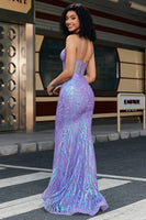 Laden Sie das Bild in den Galerie-Viewer, Stilvolle Meerjungfrau Spaghettiträger Lila Pailletten Korsett Abendkleid