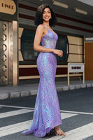 Laden Sie das Bild in den Galerie-Viewer, Stilvolle Meerjungfrau Spaghettiträger Lila Pailletten Korsett Abendkleid