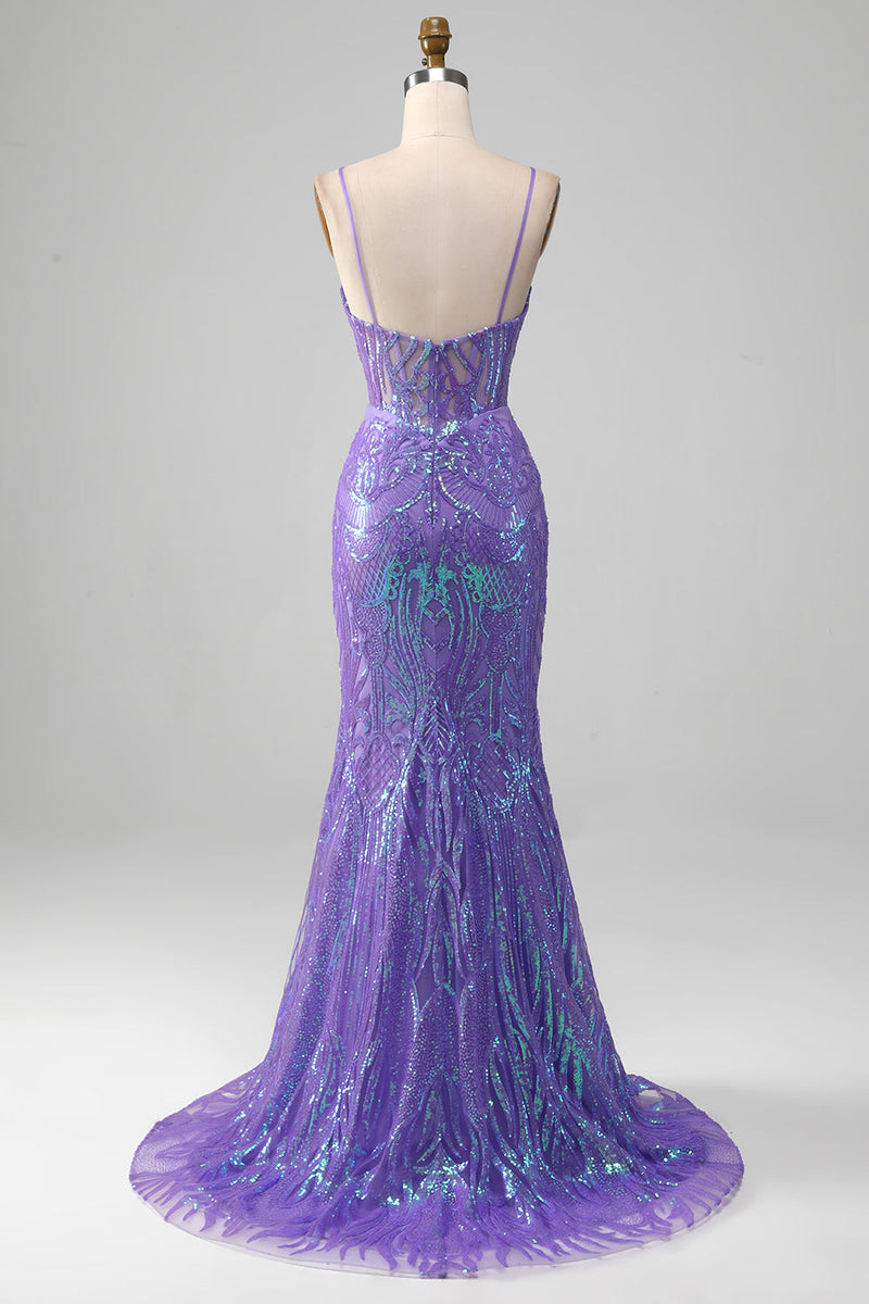 Laden Sie das Bild in den Galerie-Viewer, Meerjungfrau glitzerndes lila Korsett Ballkleid