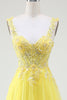 Laden Sie das Bild in den Galerie-Viewer, Perlenbesetztes gelbes Korsett allkleid mit Tüll und Schlitz