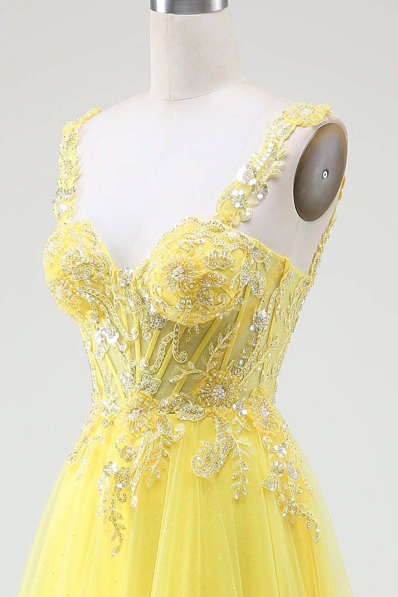 Laden Sie das Bild in den Galerie-Viewer, Perlenbesetztes gelbes Korsett allkleid mit Tüll und Schlitz