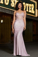 Laden Sie das Bild in den Galerie-Viewer, Zapaka Damen Glitter Blush Abschlussballkleid Meerjungfrau Spaghettiträger Langes Abendkleid mit Perlen