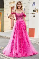 Laden Sie das Bild in den Galerie-Viewer, A-Linie Kalter Schulter Funkelndes Hot Pink Korsett Ballkleid mit Perlen