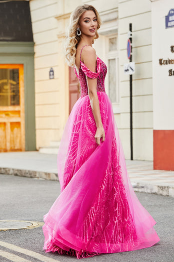 A-Linie Kalter Schulter Funkelndes Hot Pink Korsett Ballkleid mit Perlen