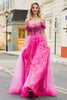 Laden Sie das Bild in den Galerie-Viewer, A-Linie Kalter Schulter Funkelndes Hot Pink Korsett Ballkleid mit Perlen