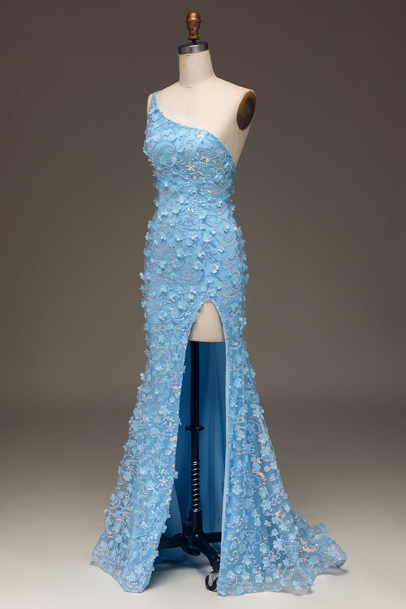 Laden Sie das Bild in den Galerie-Viewer, Hellblaues Meerjungfrauen Kleid mit Pailletten schlitz und Pailletten an der Schulterseite mit Applikationen